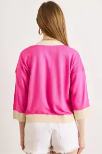 Olalook Women's Fuchsia Color Block Bone Buttoned Seasonal Cardigan - Image 6