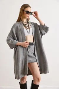 Olalook Women's Gray Oversize Wide Fit Seasonal Knitwear Cardigan - Image 3