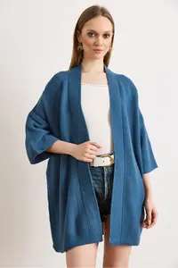 Olalook Women's Indigo Oversize Wide Fit Seasonal Knitwear Cardigan - Image 2