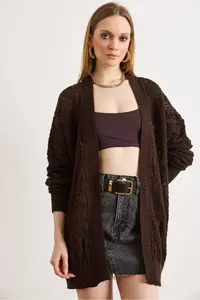 Olalook Women's Brown Geometric Patterned Long Seasonal Knitwear Cardigan
