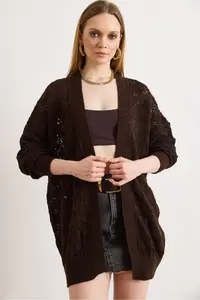 Olalook Women's Brown Geometric Patterned Long Seasonal Knitwear Cardigan - Image 2