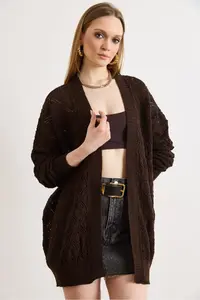 Olalook Women's Brown Geometric Patterned Long Seasonal Knitwear Cardigan - Image 3