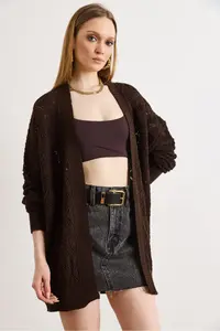 Olalook Women's Brown Geometric Patterned Long Seasonal Knitwear Cardigan - Image 4