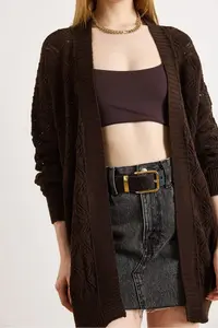 Olalook Women's Brown Geometric Patterned Long Seasonal Knitwear Cardigan - Image 5
