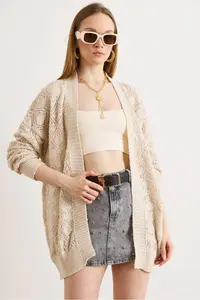 Olalook Women's Stone Geometric Patterned Long Seasonal Knitwear Cardigan - Image 2