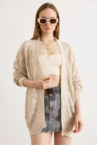 Olalook Women's Stone Geometric Patterned Long Seasonal Knitwear Cardigan - Image 3