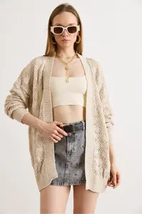 Olalook Women's Stone Geometric Patterned Long Seasonal Knitwear Cardigan - Image 4
