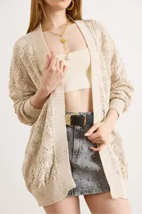 Olalook Women's Stone Geometric Patterned Long Seasonal Knitwear Cardigan - Image 5