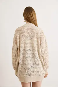 Olalook Women's Stone Geometric Patterned Long Seasonal Knitwear Cardigan - Image 6