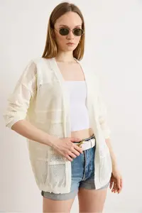 Olalook Women's White Patch Patterned Openwork Boho Seasonal Cardigan