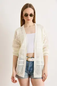 Olalook Women's White Patch Patterned Openwork Boho Seasonal Cardigan - Image 2