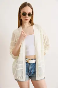 Olalook Women's White Patch Patterned Openwork Boho Seasonal Cardigan - Image 3