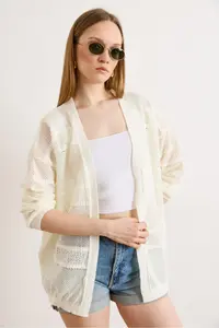Olalook Women's White Patch Patterned Openwork Boho Seasonal Cardigan - Image 4
