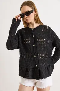 Olalook Women's Black Lace Detailed Boho Soft Textured Knitwear Cardigan