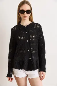 Olalook Women's Black Lace Detailed Boho Soft Textured Knitwear Cardigan - Image 2