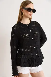 Olalook Women's Black Lace Detailed Boho Soft Textured Knitwear Cardigan - Image 3