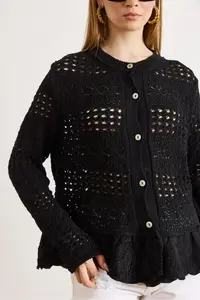 Olalook Women's Black Lace Detailed Boho Soft Textured Knitwear Cardigan - Image 4