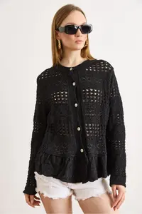 Olalook Women's Black Lace Detailed Boho Soft Textured Knitwear Cardigan - Image 5