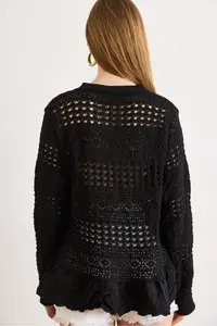 Olalook Women's Black Lace Detailed Boho Soft Textured Knitwear Cardigan - Image 6
