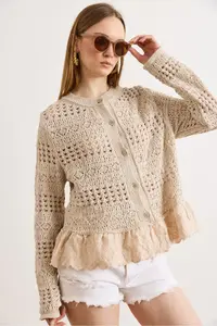 Olalook Women's Stone Lace Detailed Boho Soft Textured Knitwear Cardigan