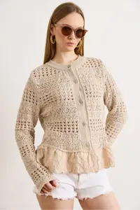 Olalook Women's Stone Lace Detailed Boho Soft Textured Knitwear Cardigan - Image 3