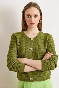 Olalook Women's Oil Green Gold Button Detailed Openwork Thick Knitwear Cardigan