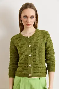 Olalook Women's Oil Green Gold Button Detailed Openwork Thick Knitwear Cardigan - Image 2