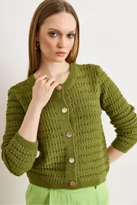 Olalook Women's Oil Green Gold Button Detailed Openwork Thick Knitwear Cardigan - Image 3