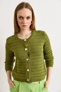 Olalook Women's Oil Green Gold Button Detailed Openwork Thick Knitwear Cardigan - Image 4