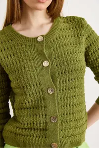 Olalook Women's Oil Green Gold Button Detailed Openwork Thick Knitwear Cardigan - Image 5
