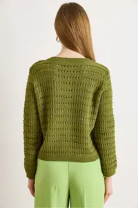 Olalook Women's Oil Green Gold Button Detailed Openwork Thick Knitwear Cardigan - Image 6