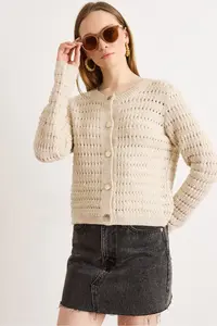 Olalook Women's Stone Gold Button Detailed Openwork Thick Knitwear Cardigan