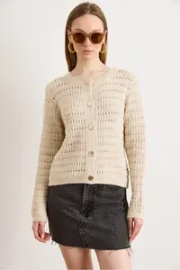 Olalook Women's Stone Gold Button Detailed Openwork Thick Knitwear Cardigan - Image 2