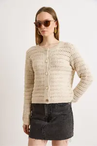 Olalook Women's Stone Gold Button Detailed Openwork Thick Knitwear Cardigan - Image 3