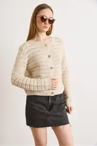 Olalook Women's Stone Gold Button Detailed Openwork Thick Knitwear Cardigan - Image 4