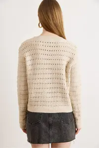 Olalook Women's Stone Gold Button Detailed Openwork Thick Knitwear Cardigan - Image 5