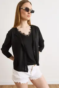 Olalook Women's Black Lace Blouse Detailed Viscose Cotton Seasonal Cardigan