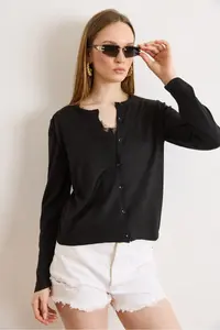 Olalook Women's Black Lace Blouse Detailed Viscose Cotton Seasonal Cardigan - Image 2