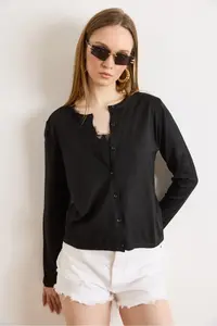 Olalook Women's Black Lace Blouse Detailed Viscose Cotton Seasonal Cardigan - Image 3