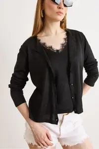 Olalook Women's Black Lace Blouse Detailed Viscose Cotton Seasonal Cardigan - Image 4