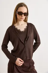 Olalook Women's Brown Lace Blouse Detailed Viscose Cotton Seasonal Cardigan - Image 2