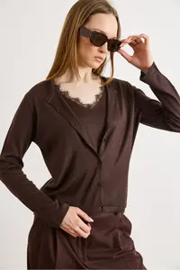 Olalook Women's Brown Lace Blouse Detailed Viscose Cotton Seasonal Cardigan - Image 3