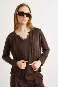 Olalook Women's Brown Lace Blouse Detailed Viscose Cotton Seasonal Cardigan - Image 4