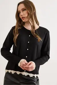Olalook Women's Black Lace Detailed Thin Knitwear Cardigan