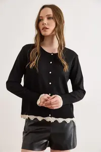 Olalook Women's Black Lace Detailed Thin Knitwear Cardigan - Image 2
