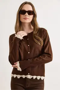 Olalook Women's Brown Lace Detailed Thin Knitwear Cardigan