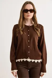 Olalook Women's Brown Lace Detailed Thin Knitwear Cardigan - Image 2