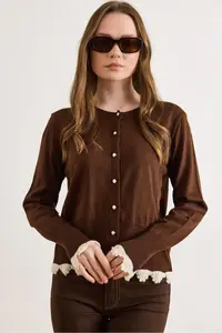 Olalook Women's Brown Lace Detailed Thin Knitwear Cardigan - Image 3