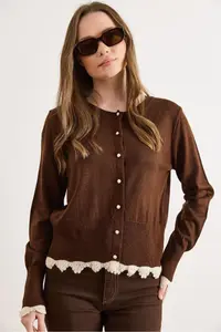 Olalook Women's Brown Lace Detailed Thin Knitwear Cardigan - Image 4