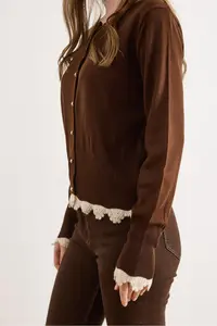Olalook Women's Brown Lace Detailed Thin Knitwear Cardigan - Image 5